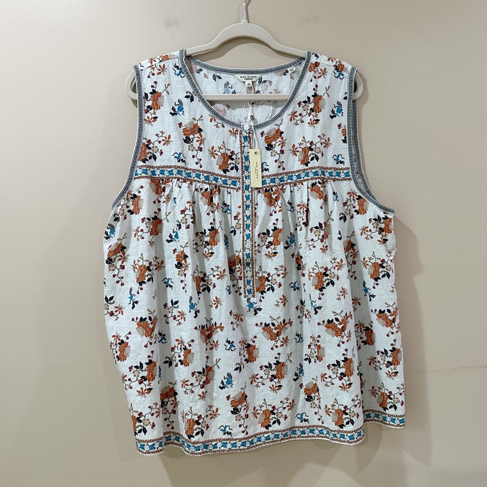 NWT Max Studio Boho Floral Sleeveless Pleated Peasant Blouse White Womens 3X
